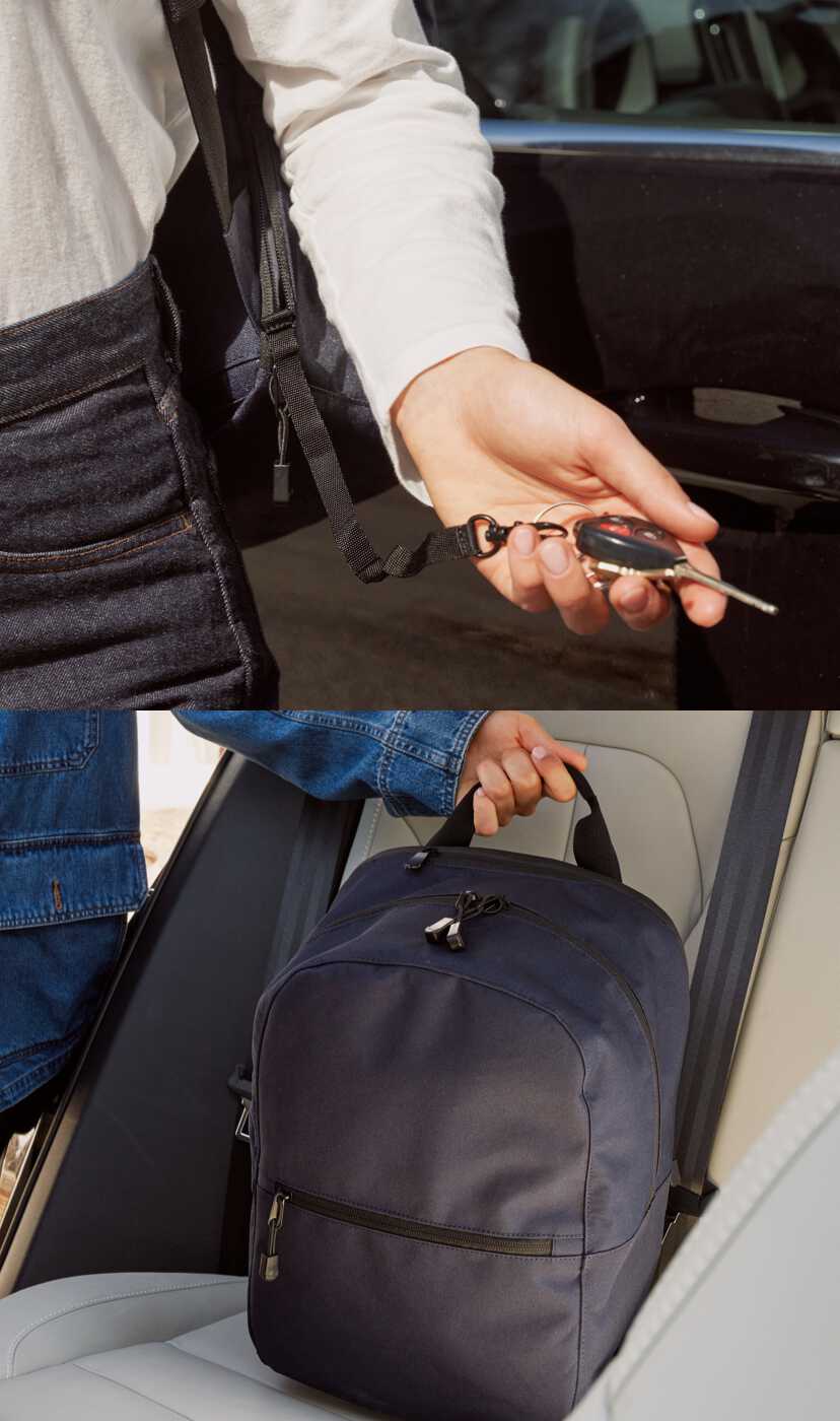 a woman using her key attachd to the key leash and setting the bag on a car seat with the top handle