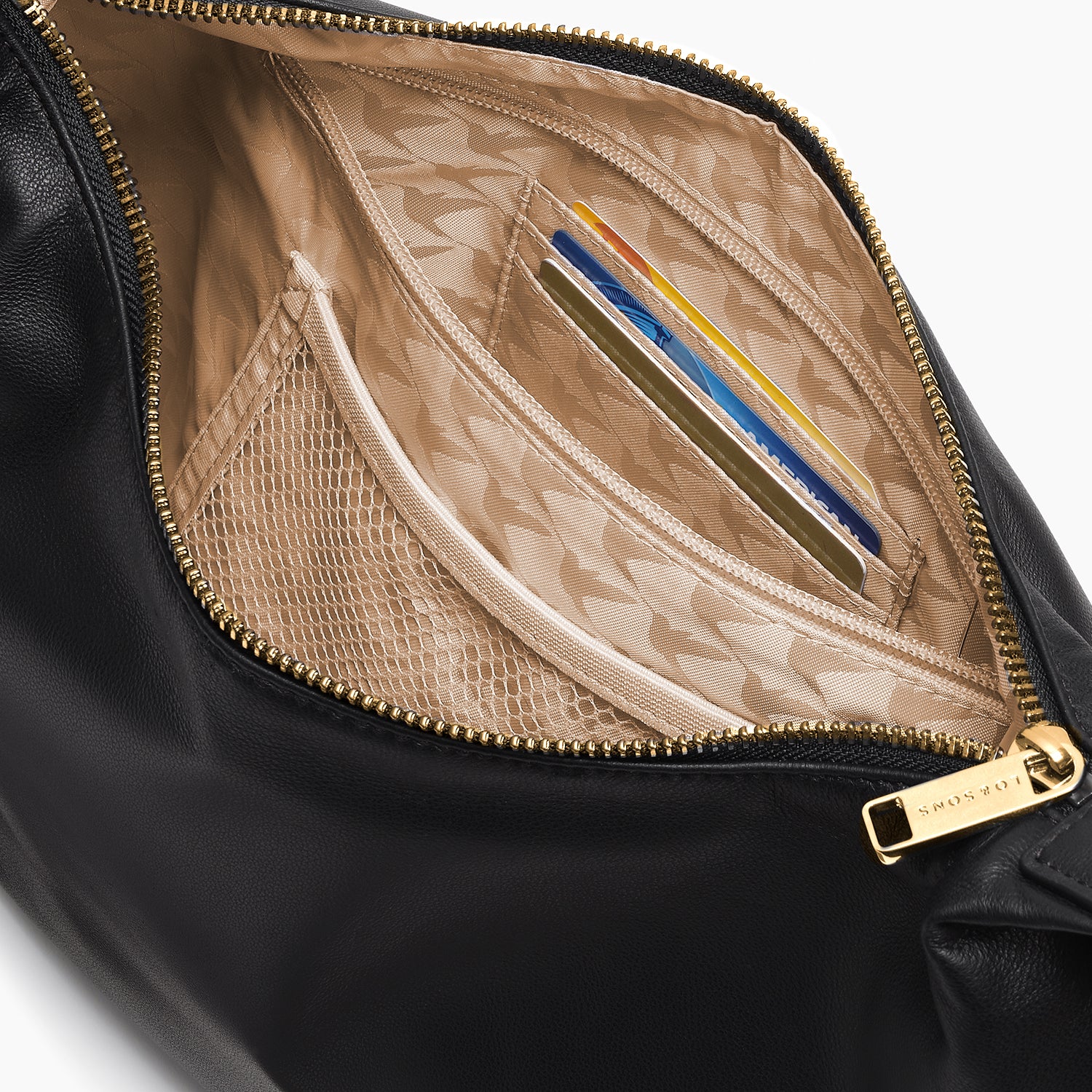 interior view of card pockets in the Aoyama in black/gold/camel 