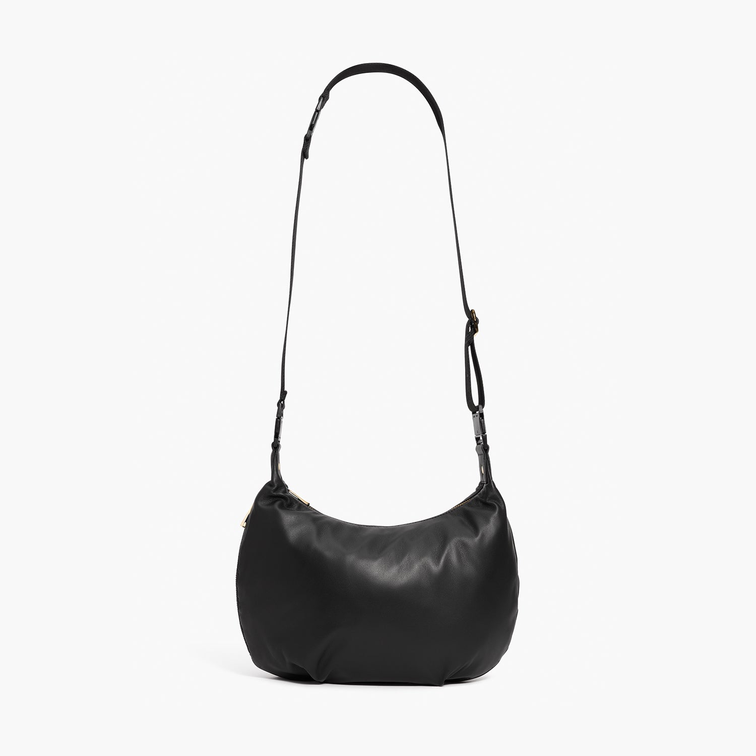 front view of the Aoyama in black/gold/camel with crossbody length strap