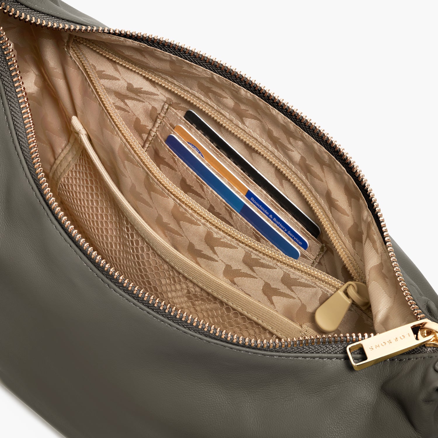 interior view of card and zipper pockets of Aoyama 2 Leather in Green