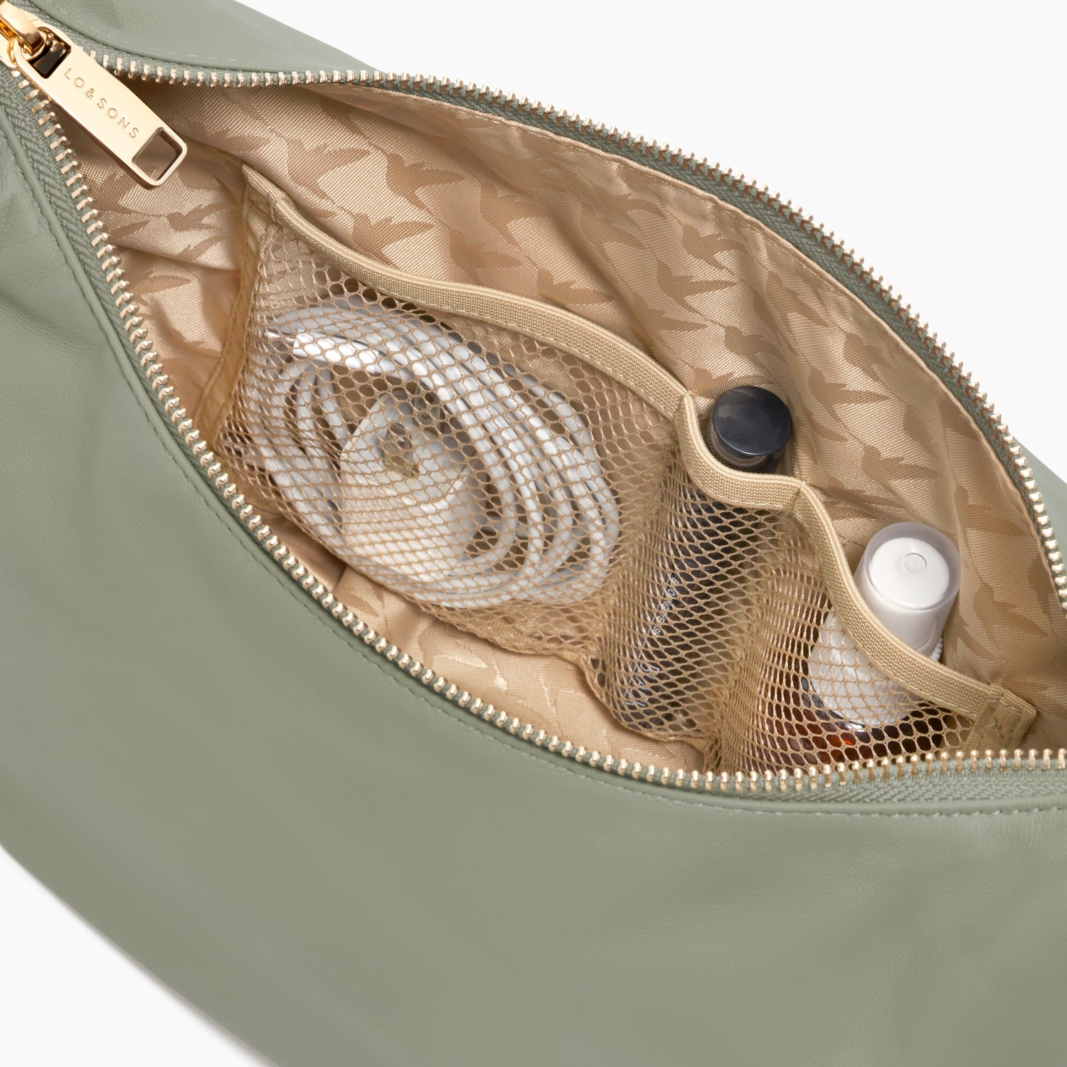 interior view of mesh pockets of Aoyama 2 Leather in olive