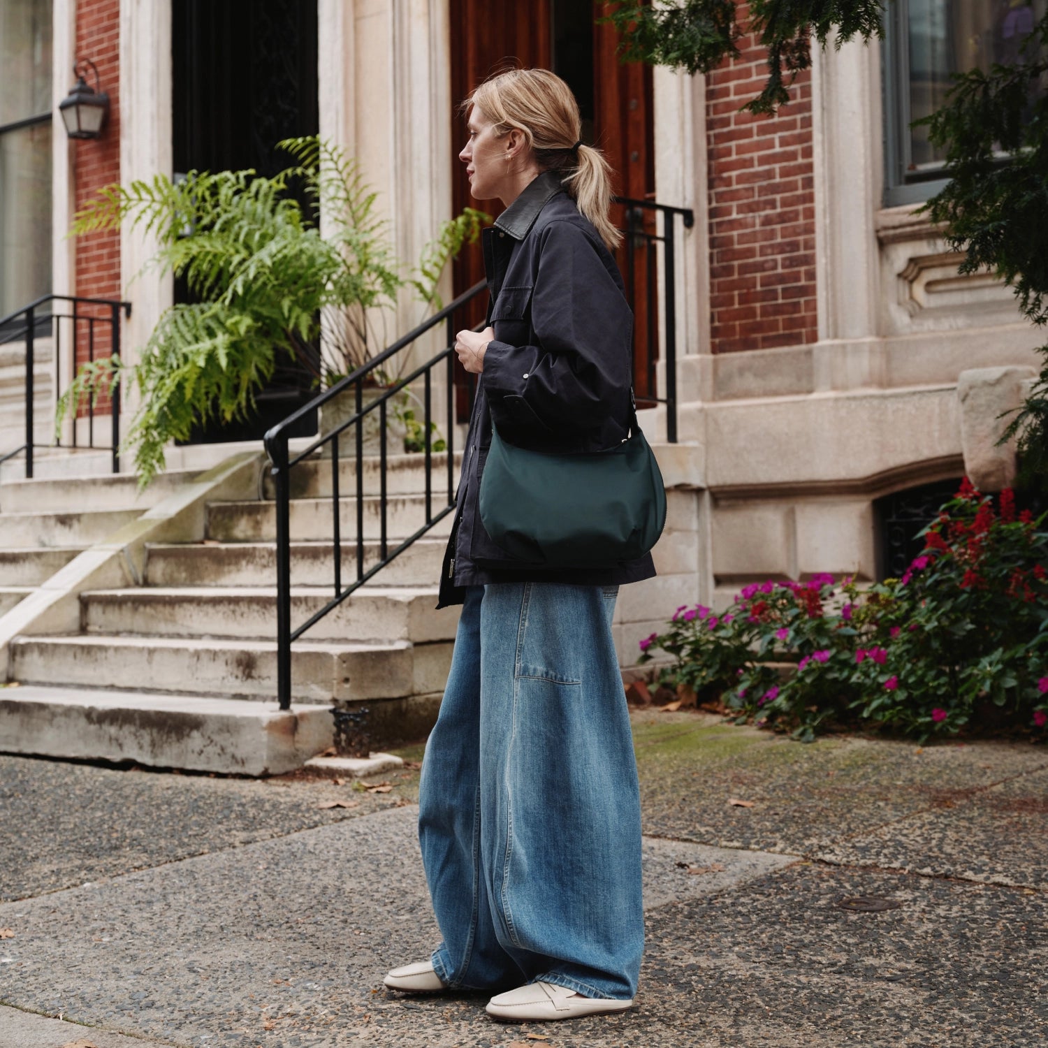 woman wearing Aoyama Nylon in Dark Green as a crossbody bag