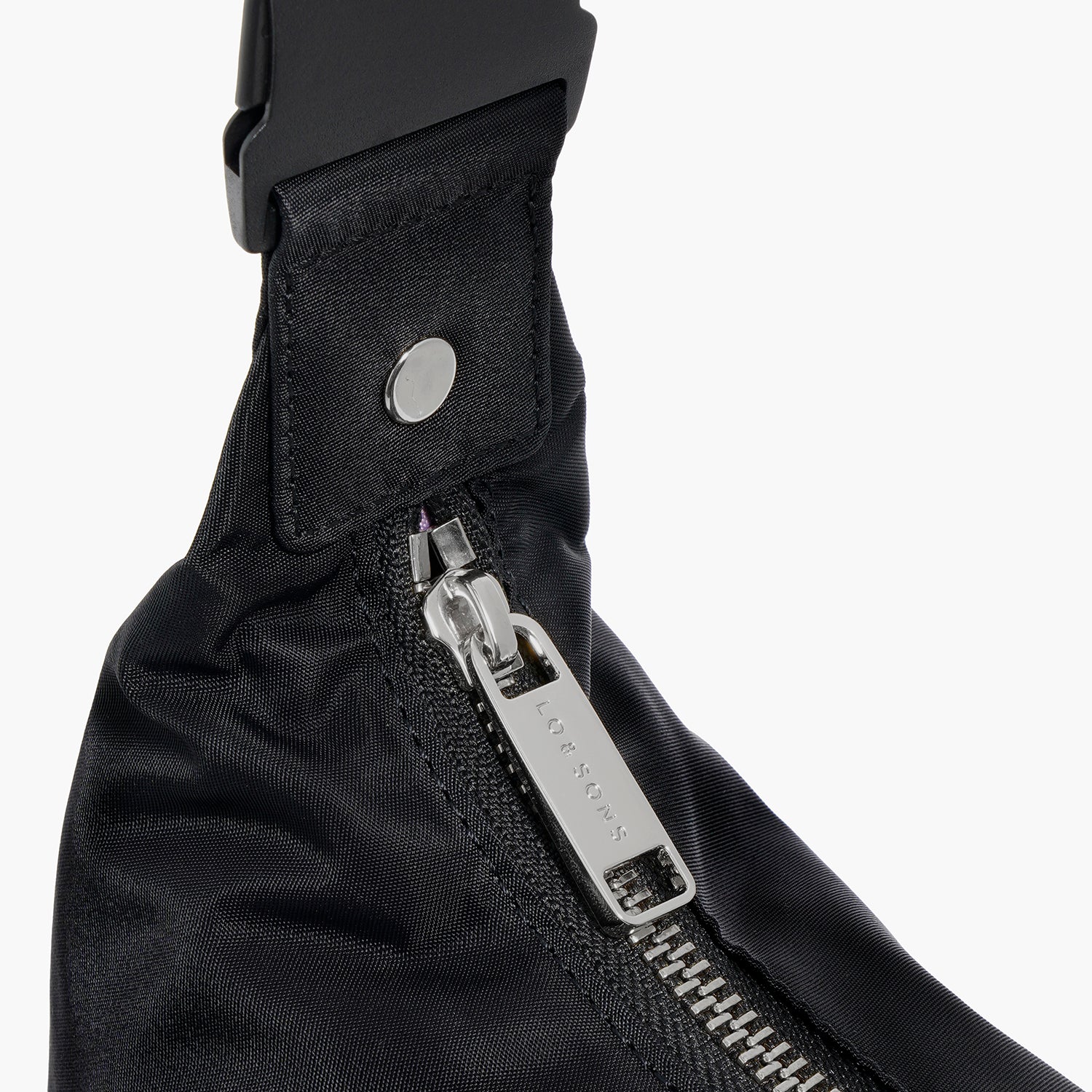 closeup of hardware details of Aoyama Nylon in black with gunmetal hardware