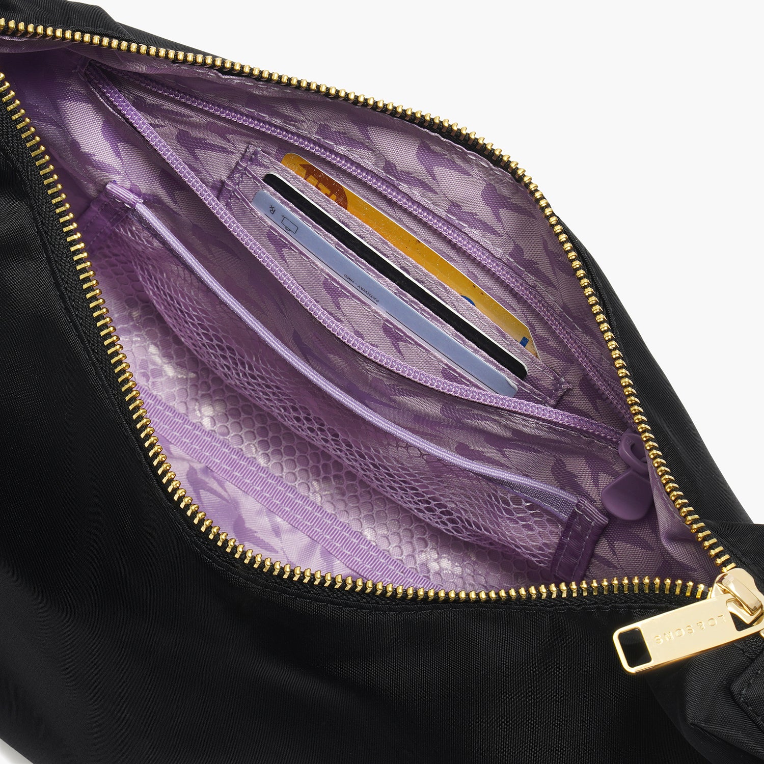 interior view of card pockets in Aoyama Nylon in Black with Gold Hardware and Lavender Lining