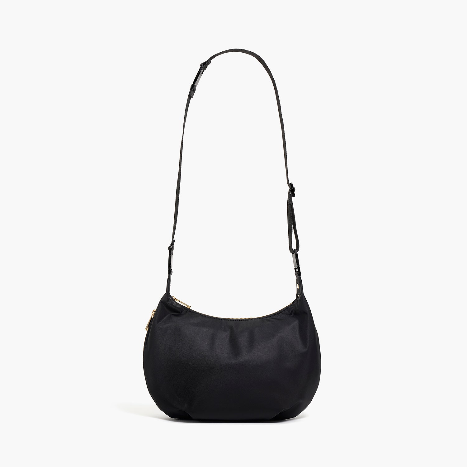 front view of Aoyama Nylon in Black with Gold Hardware with the long crossbody strap length