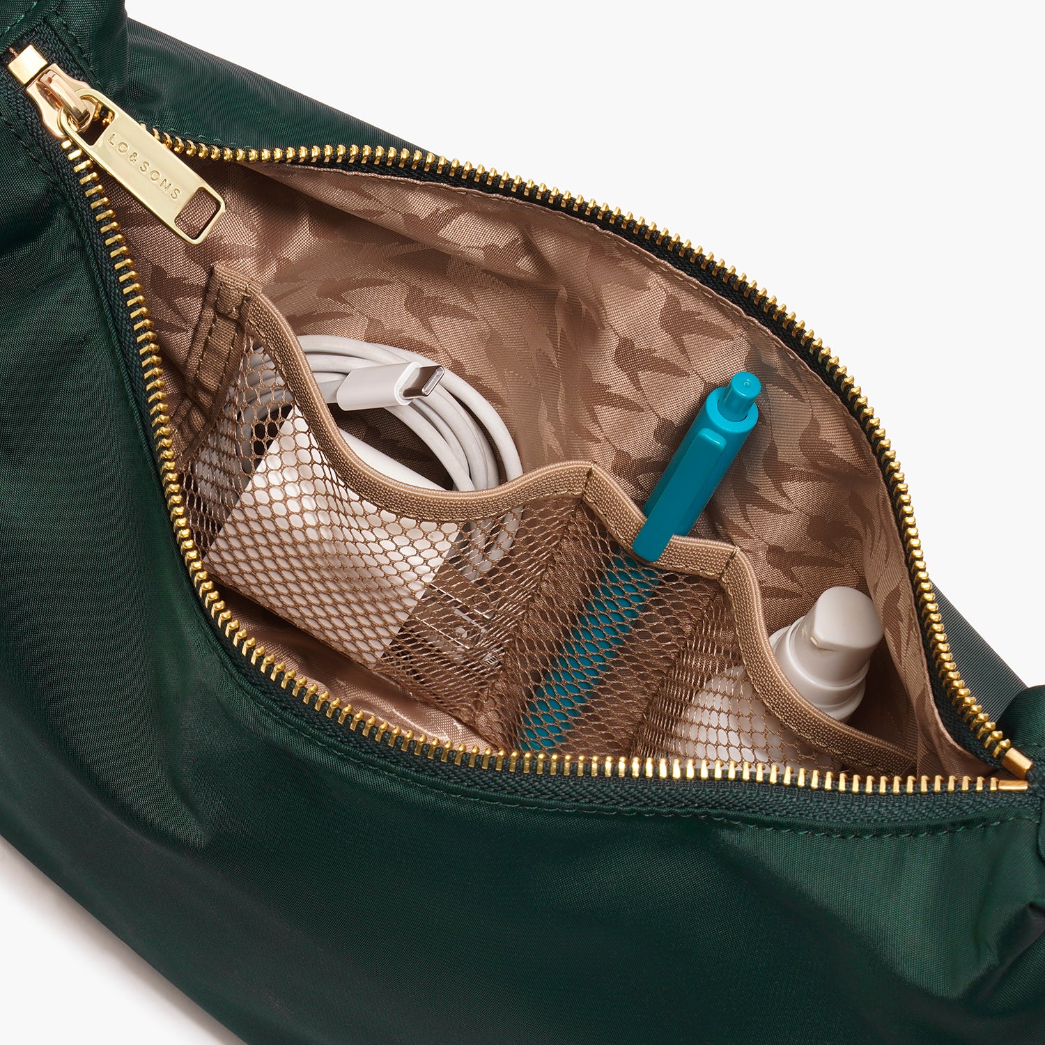 interior mesh pockets of Aoyama Nylon in dark green