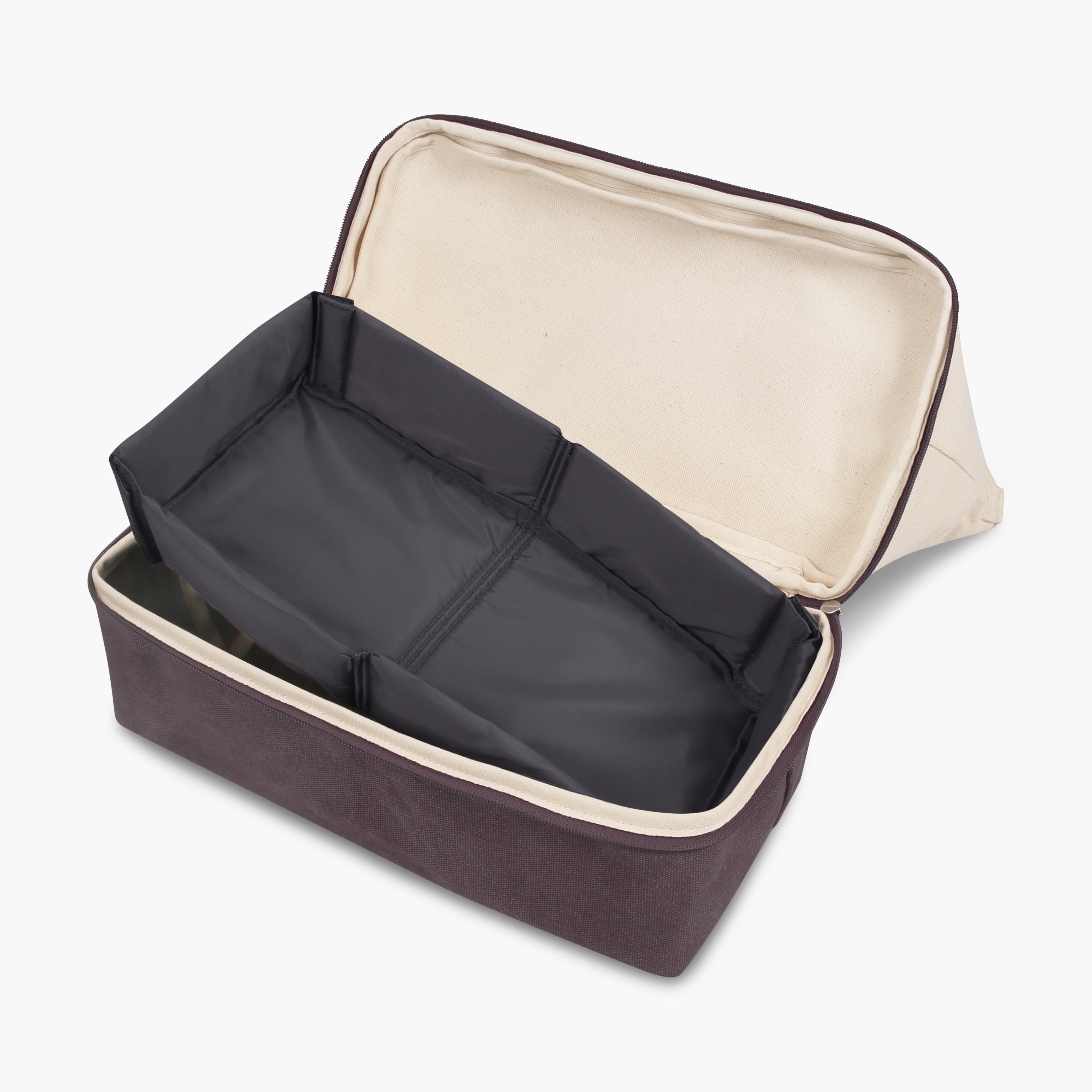 View of the Catalina Deluxe Tote in thistle colorblock bottom pocket empty