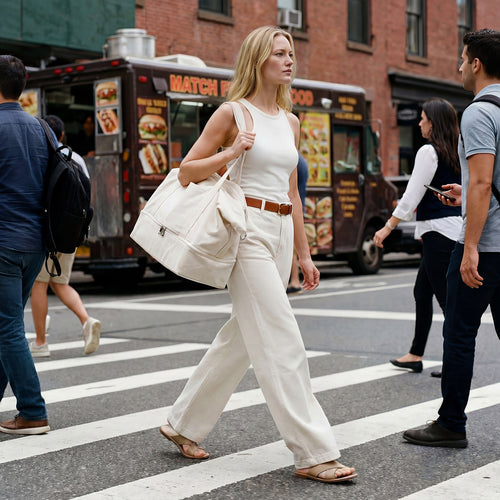 woman in tanktop and light denmi walking across the street holding a Lo & Sons Catalina Deluxe in natural canvas