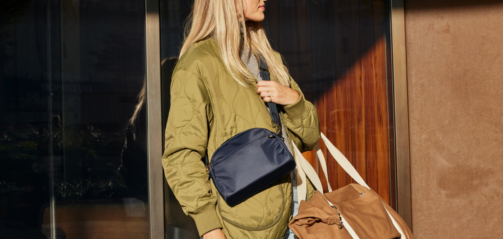 Lo & Sons Nouvelle Crossbody Bag - Nylon - Dark Green / Gold / Camel