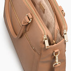 closeup material view of Trinity laptop tote in dark tan