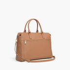 side view of Trinity laptop tote in dark tan