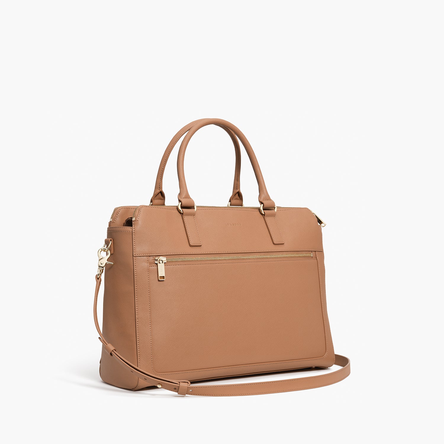 side view of Trinity laptop tote in dark tan