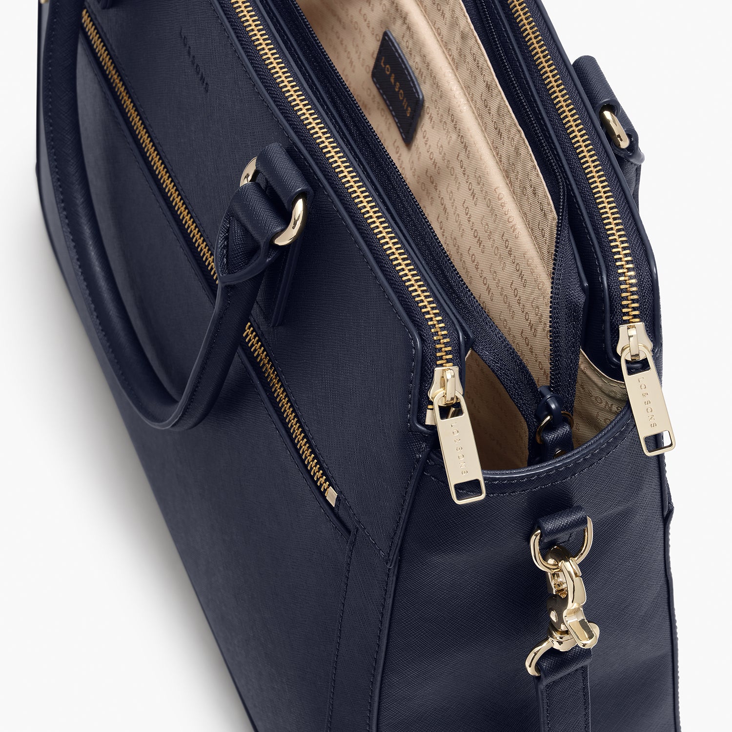 material closeup view of Trinity laptop tote in deep navy