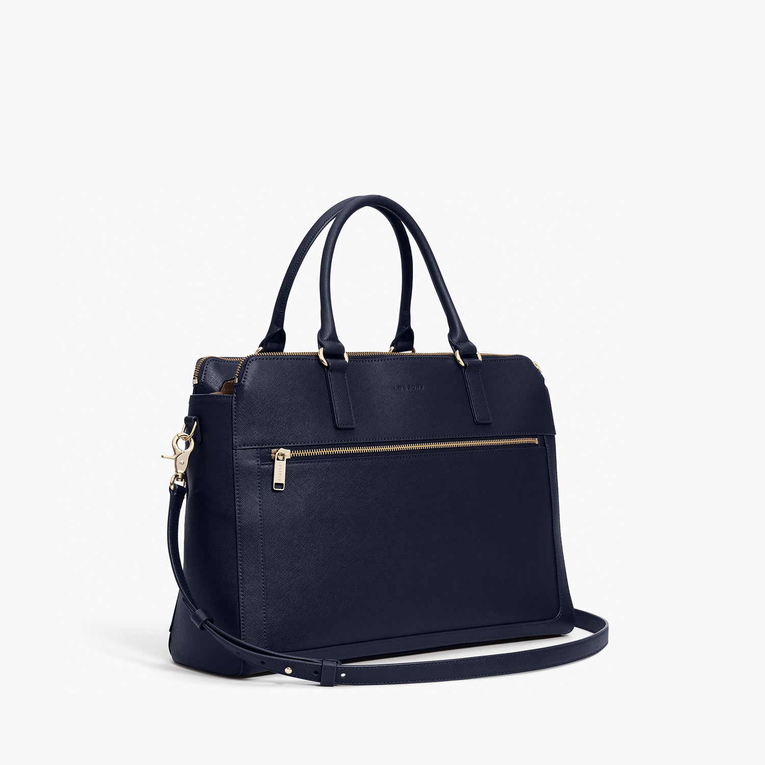 side view of Trinity laptop tote in deep navy