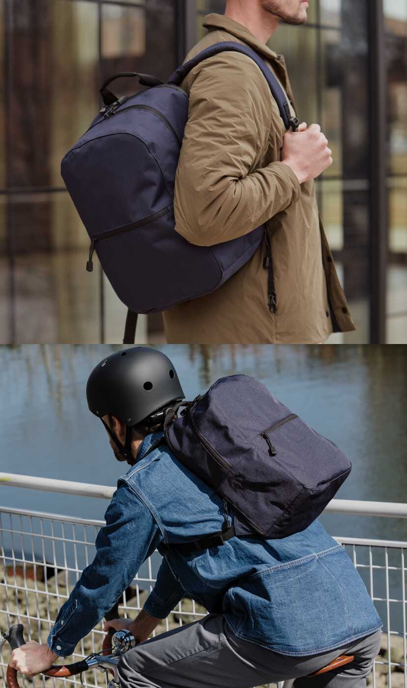 one man wearing the Hanover 2 while walking on a city street and another man wearing it while cycling near water