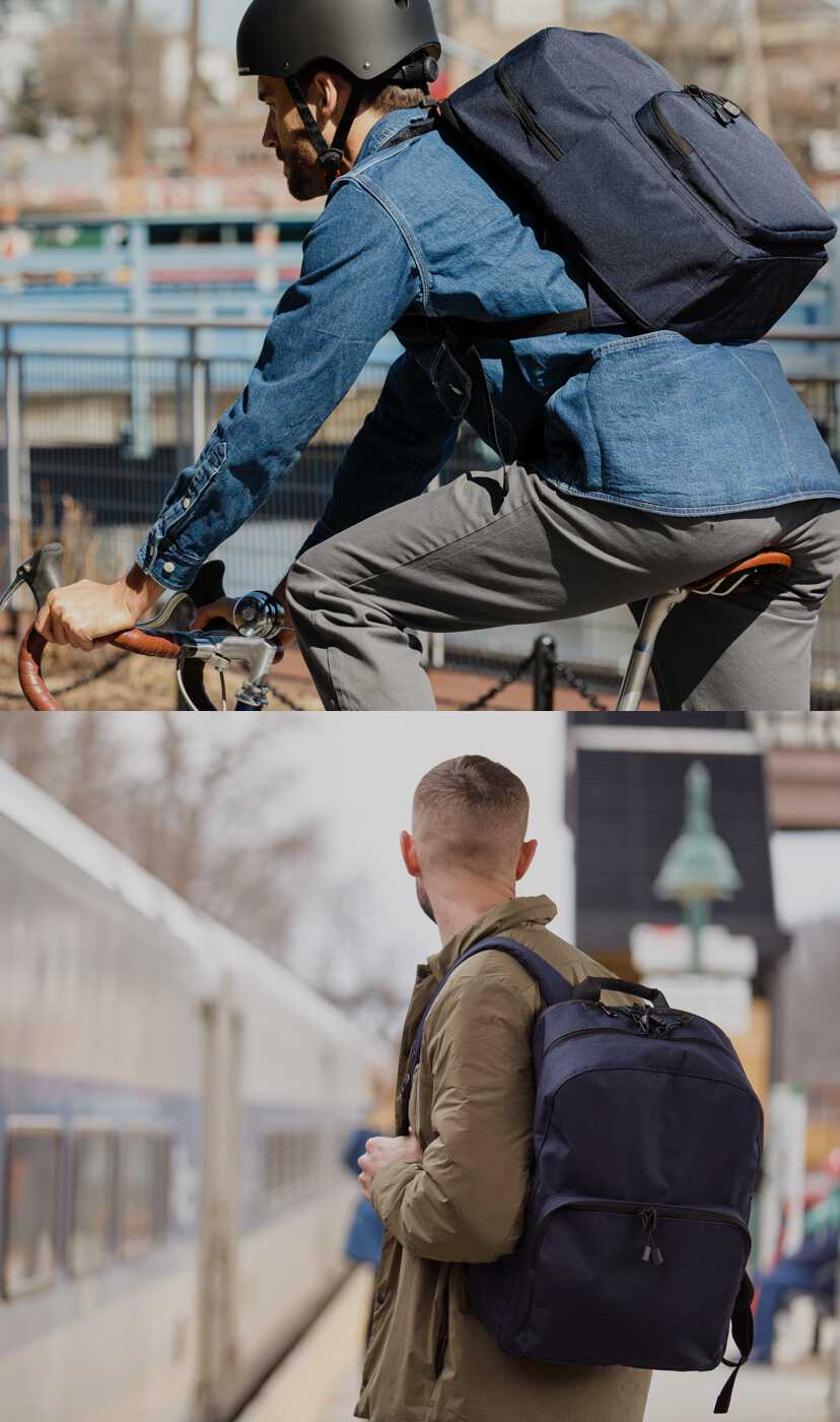 one man wearing the Hanover 2 while cycling near water and another man wearing the backpack over his shoulder waiting for a train