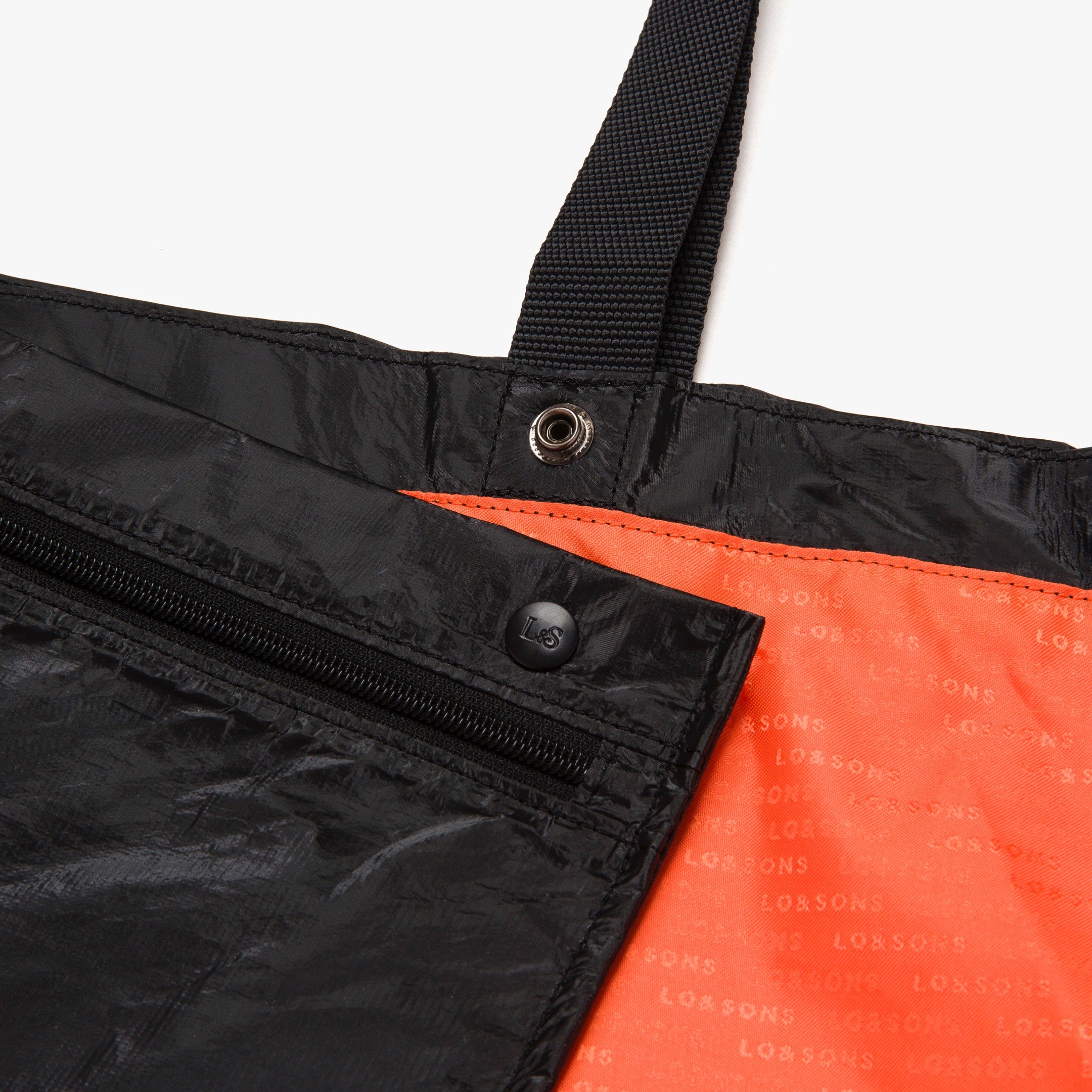 Interior pouch buttons close up - The Del Mar Packable Tote Large - Black - Lo & Sons