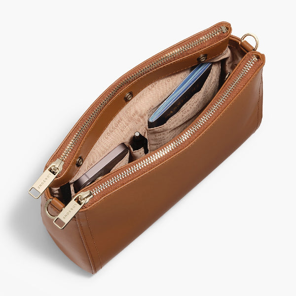 Crossbody bag in CAMEL Leather with outside pocket and Zipper. The