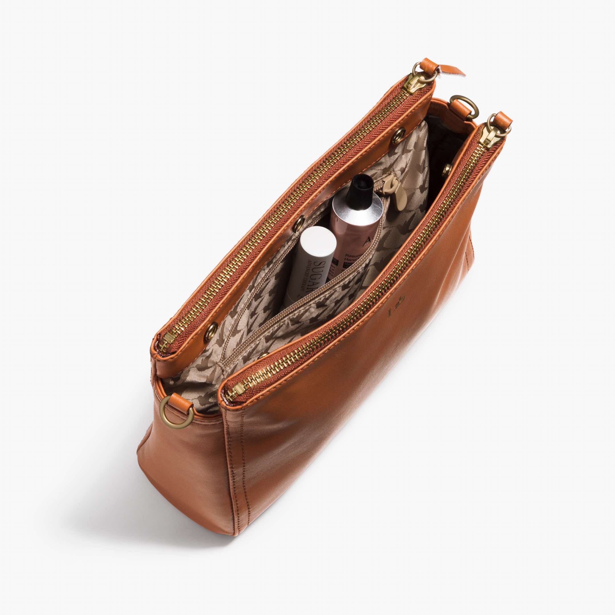 Interior zip pockets - The Pearl - Nappa Leather - Sienna / Gold / Camel - Crossbody - Lo & Sons