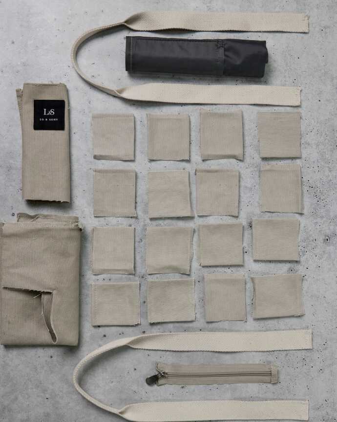 parts of upcycled tote shown in exploded layout
