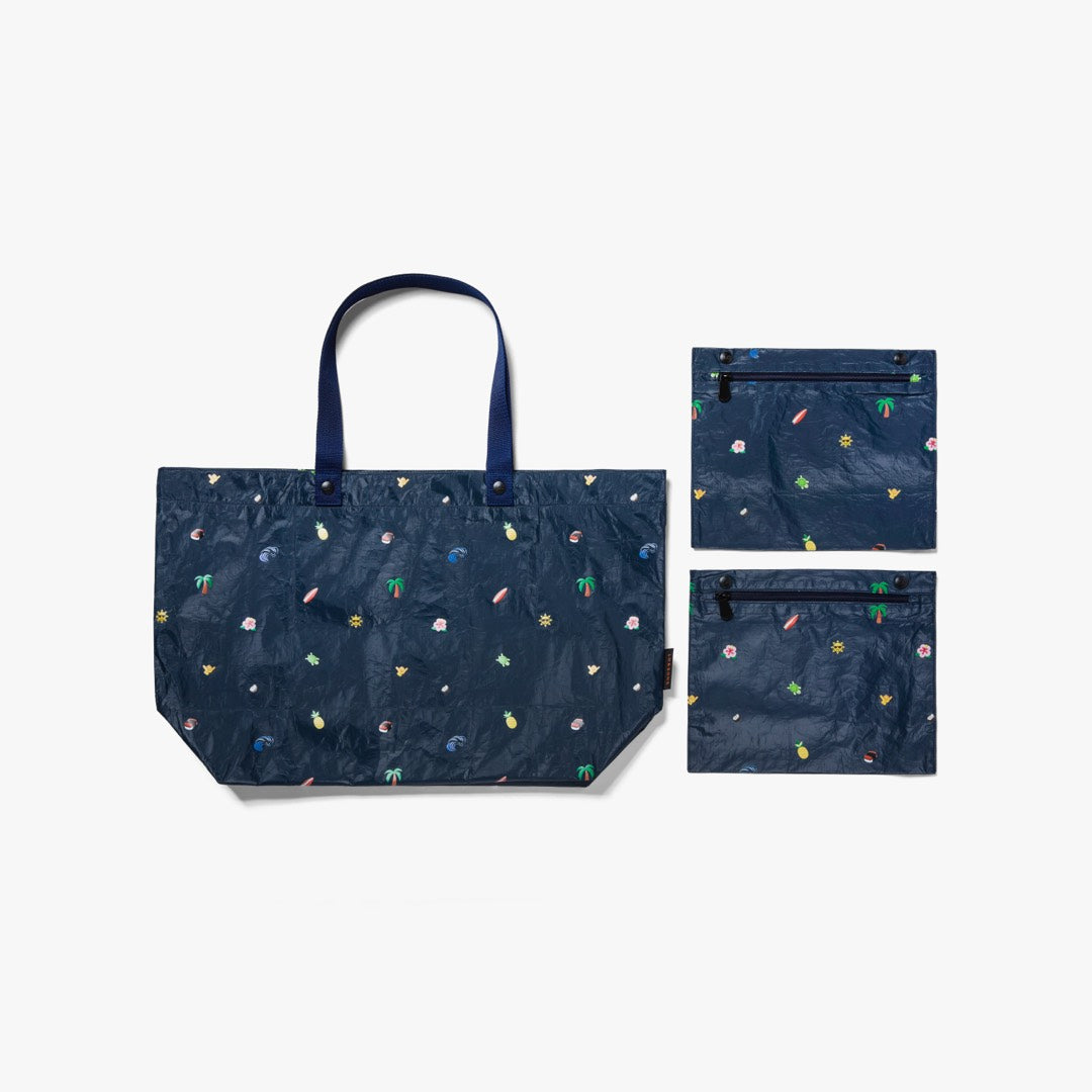 Front with pouches- The Del Mar Packable Tote Large - Navy Hawaii Emoji - Lo & Sons