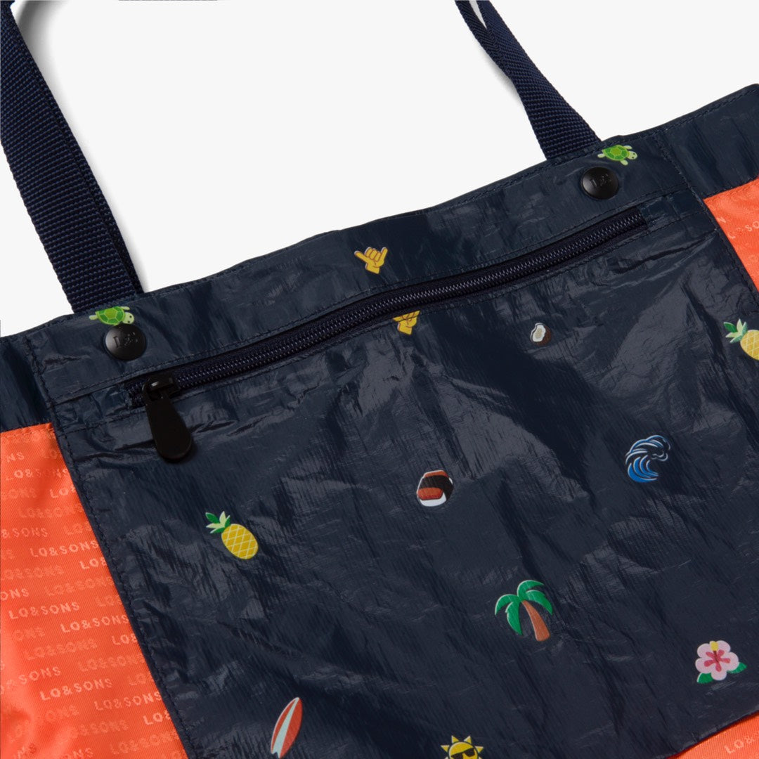 Interior Pouch Close up - The Del Mar Packable Tote Large - Navy Hawaii Emoji - Lo & Sons