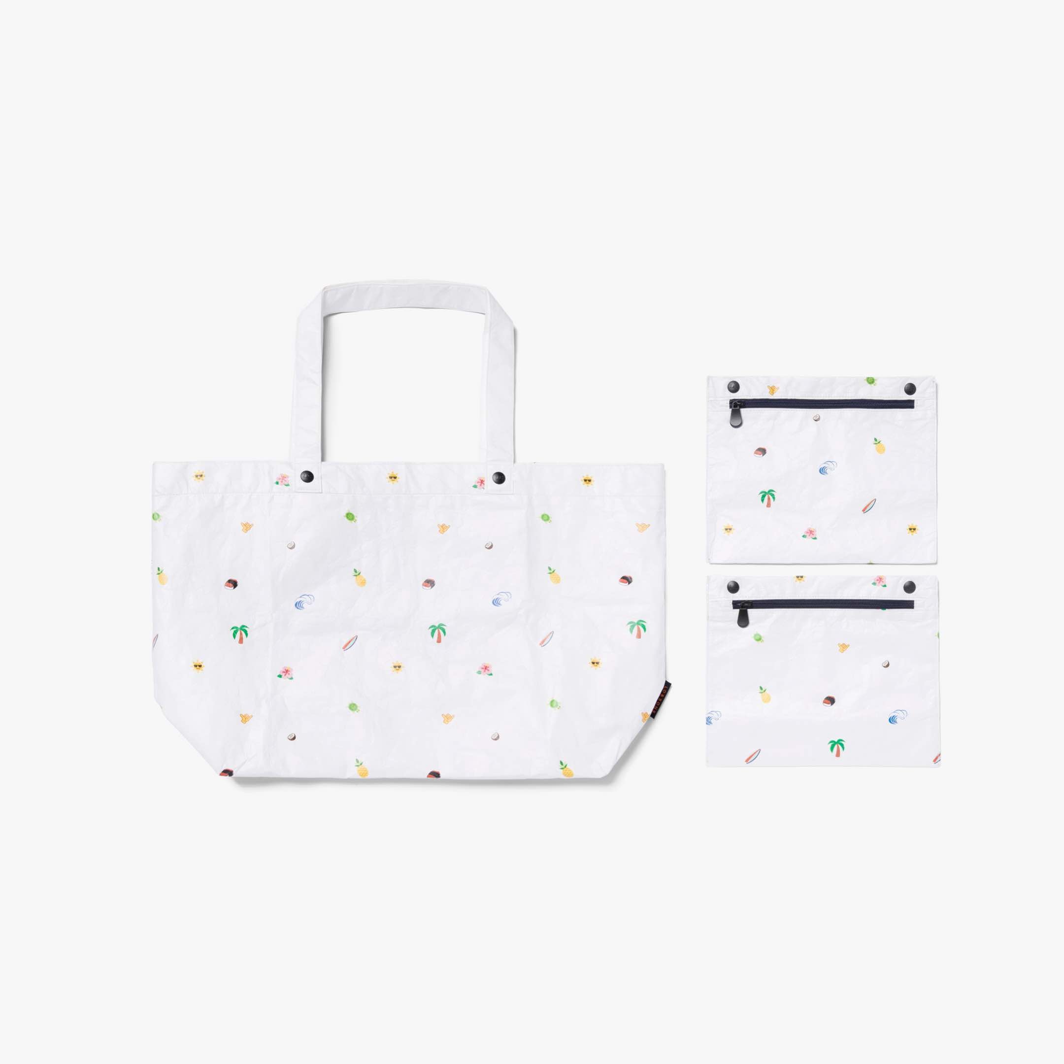 front with pouches - The Del Mar Packable Tote Large - White Hawaii Emoji - Lo & Sons