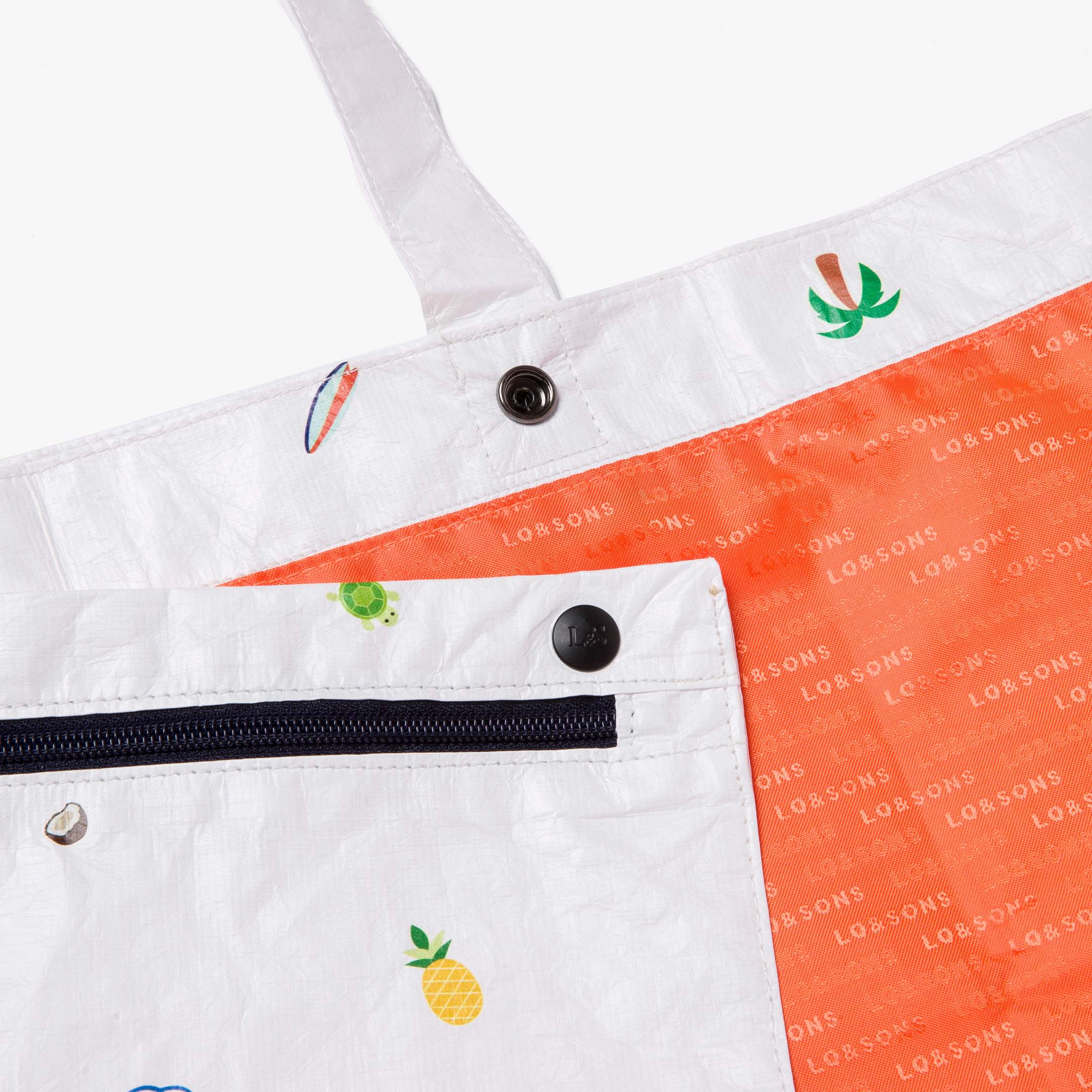 Interior pouch buttons close up - The Del Mar Packable Tote Large - White Hawaii Emoji - Lo & Sons