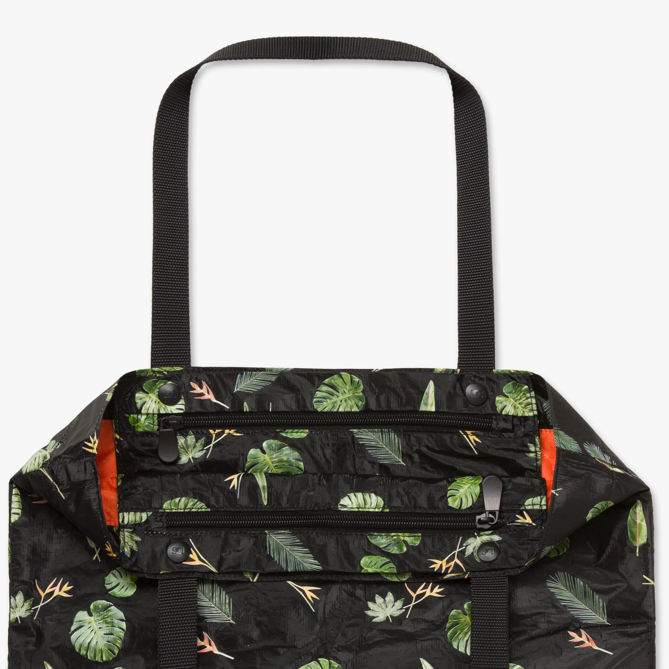 Lo and Sons Del Mar Packable Tote Small Leaf Print interior buttosn for pouches