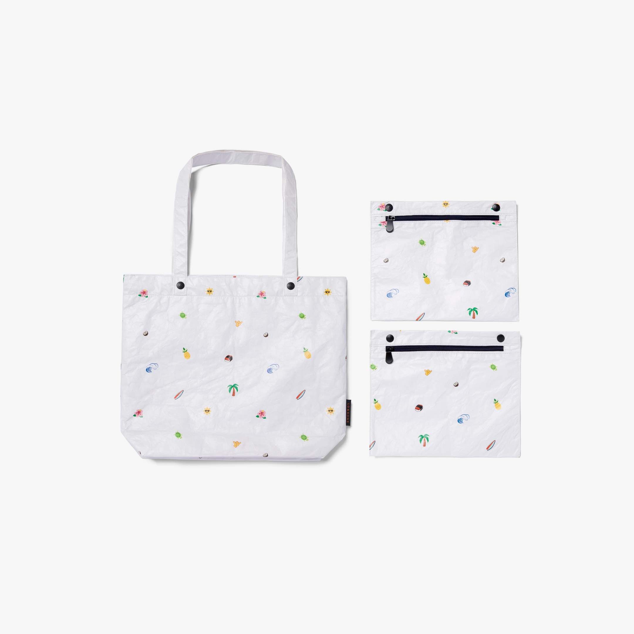 front with pouches - The Del Mar Packable Tote Small - White Hawaii Emoji - Lo & Sons