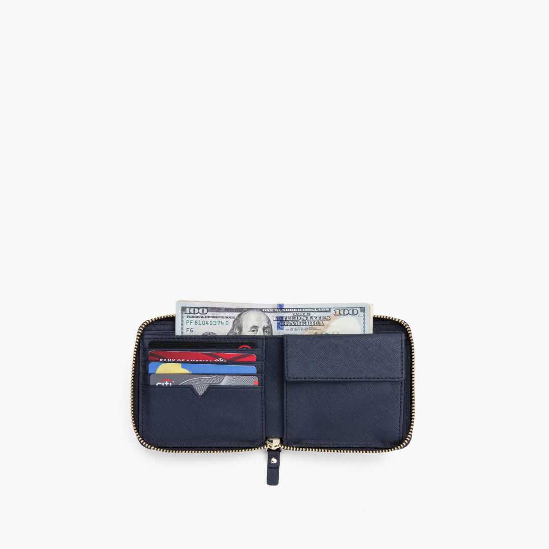 Packed pockets - Small Wallet - Saffiano Leather - Deep Navy / Gold / Camel - Lo & Sons