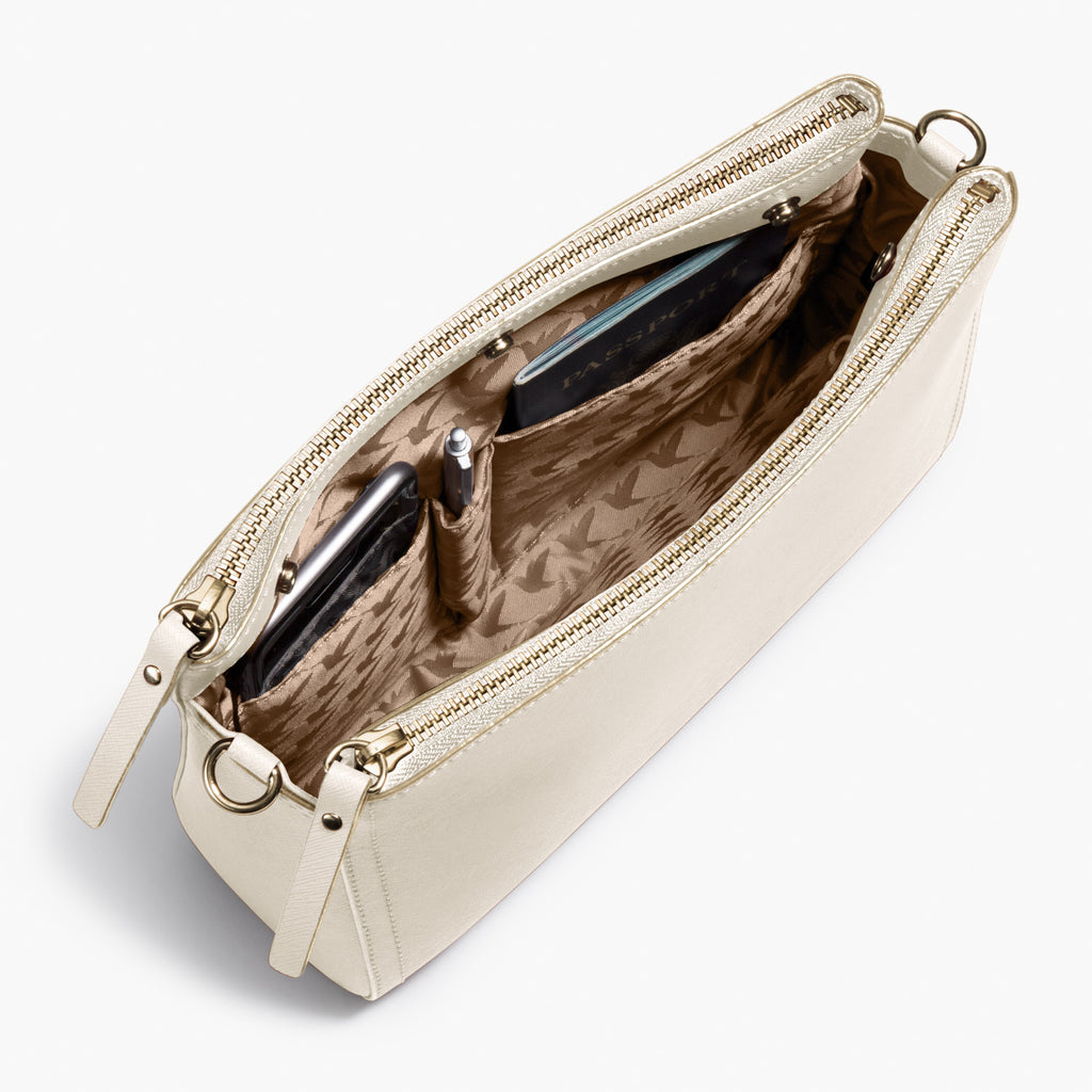 Interior Slip Pockets - The Pearl - Saffiano Leather - Ivory / Gold / Camel - Crossbody - Lo & Sons