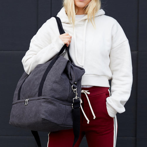 On shoulder - The Catalina Deluxe - Eco Friendly Canvas - Midnight Ash - Weekender - Lo & Sons
