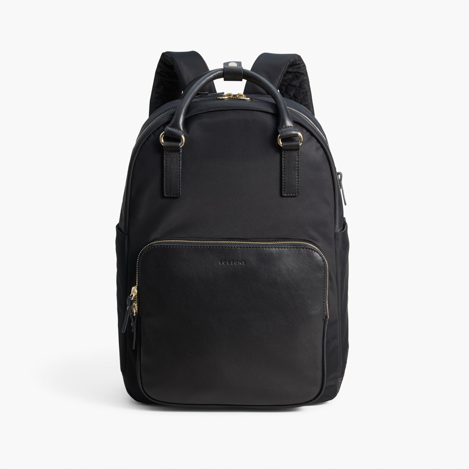 Lo & Sons: The Rowledge - Women's Nylon Laptop Backpack in Black/Gold/Lavender (Small)