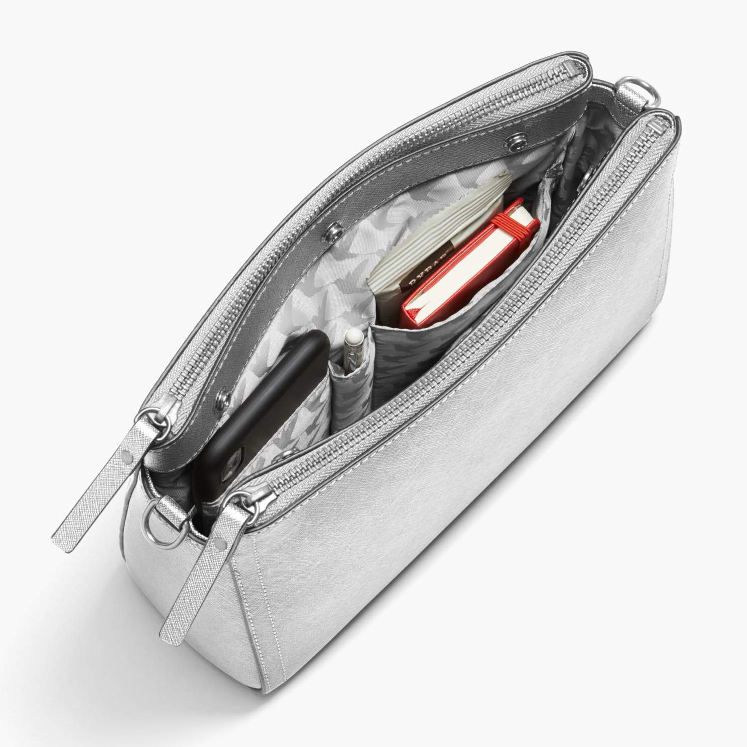 Interior Pockets - The Pearl - Saffiano Leather - Silver / Silver / Grey - Crossbody - Lo & Sons