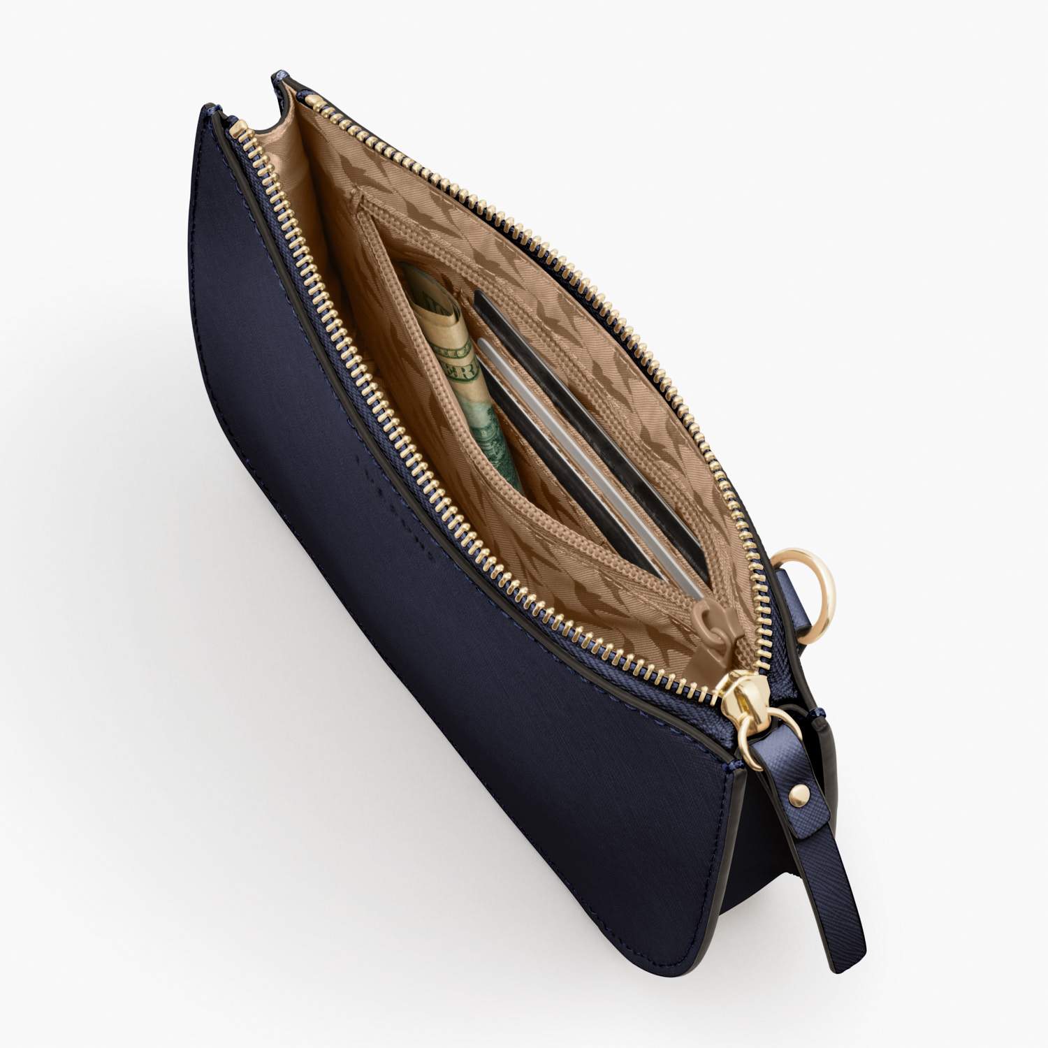 Interior Zipper Pocket - Waverley 2 - Saffiano Leather - Deep Navy / Gold / Camel - Crossbody Bag - Lo & Sons