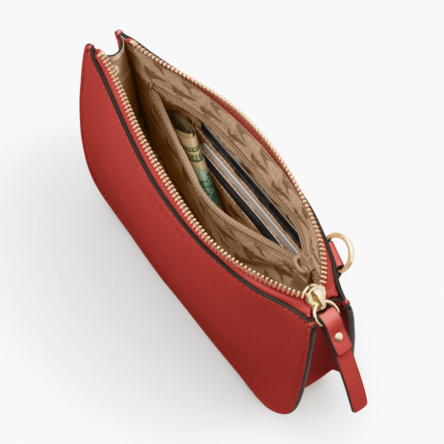 Interior Zipper Pocket - Waverley 2 - Saffiano Leather - Santa Fe Red / Gold / Camel - Crossbody Bag - Lo & Sons