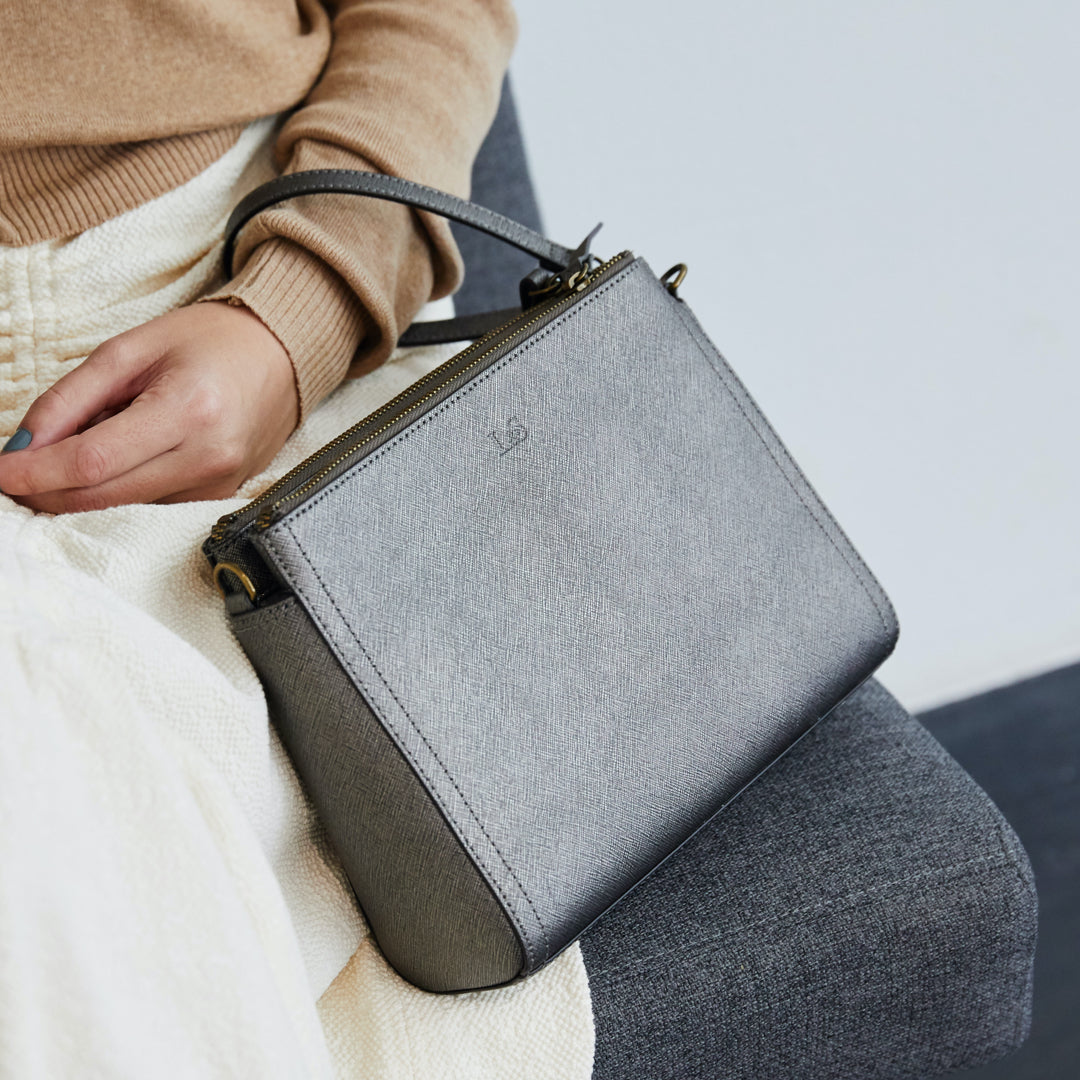 Front  - The Pearl - Saffiano Leather - Graphite / Brass / Grey - Crossbody - Lo & Sons