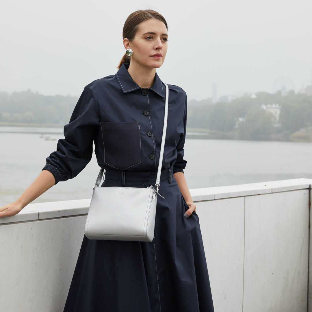 Worn crossbody bag style outdoors - The Pearl - Saffiano Leather - Silver / Silver / Grey - Crossbody - Lo & Sons