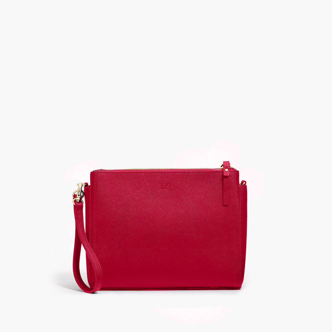 Lo & Sons Pearl Crossbody Bag - Saffiano Leather - Red/Gold/Camel