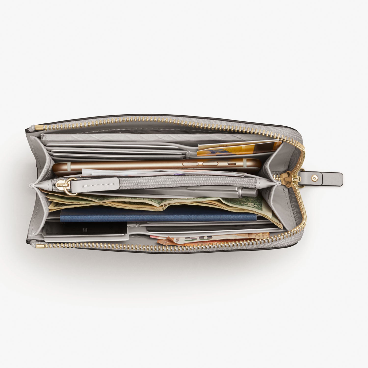 Overhead Interior Propped - The Leather Wallet - Nappa Leather - Light Grey / Gold / Grey - Small Accessory - Lo & Sons