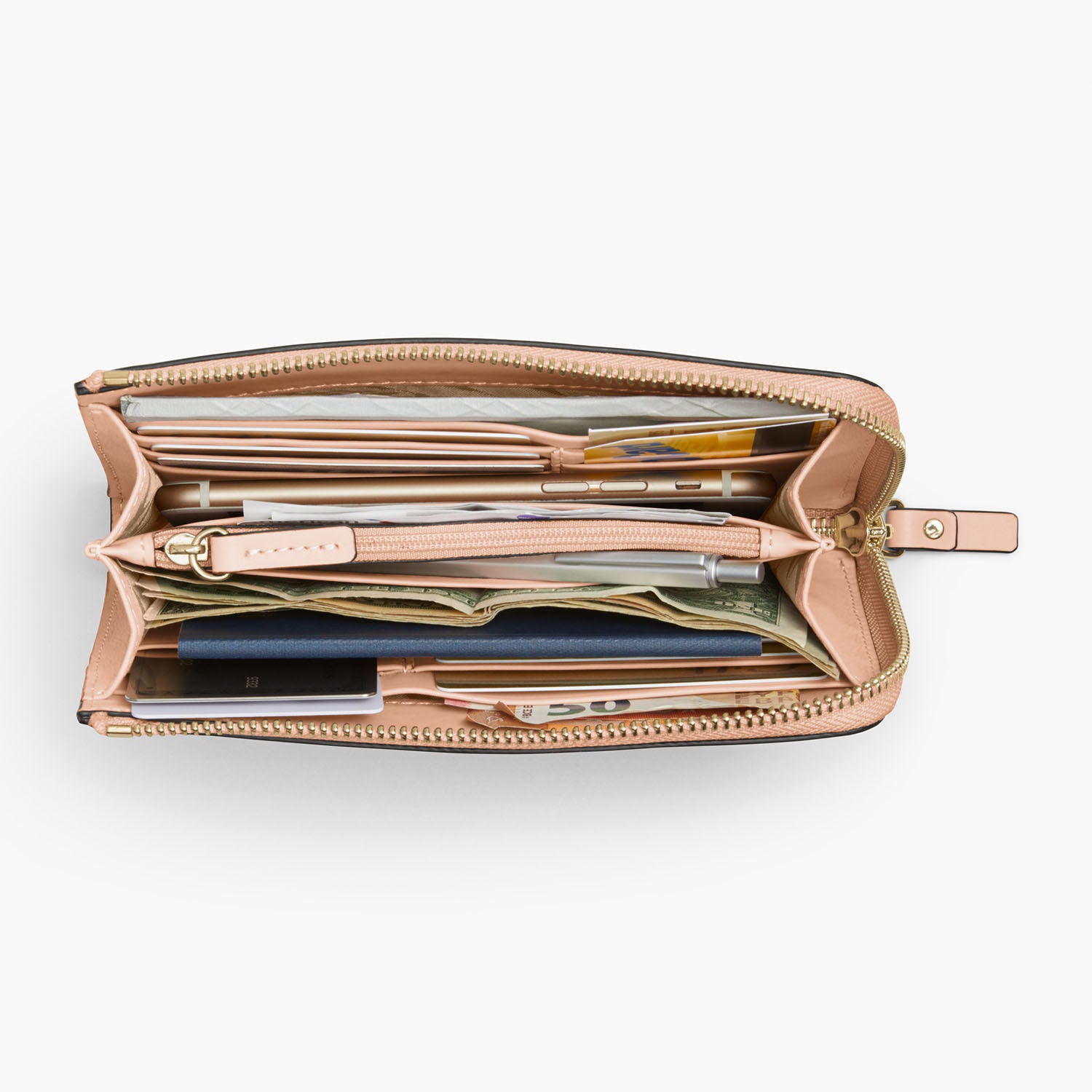 Overhead Interior Propped - The Leather Wallet - Saffiano Leather - Rose Quartz / Gold / Camel - Small Accessory - Lo & Sons