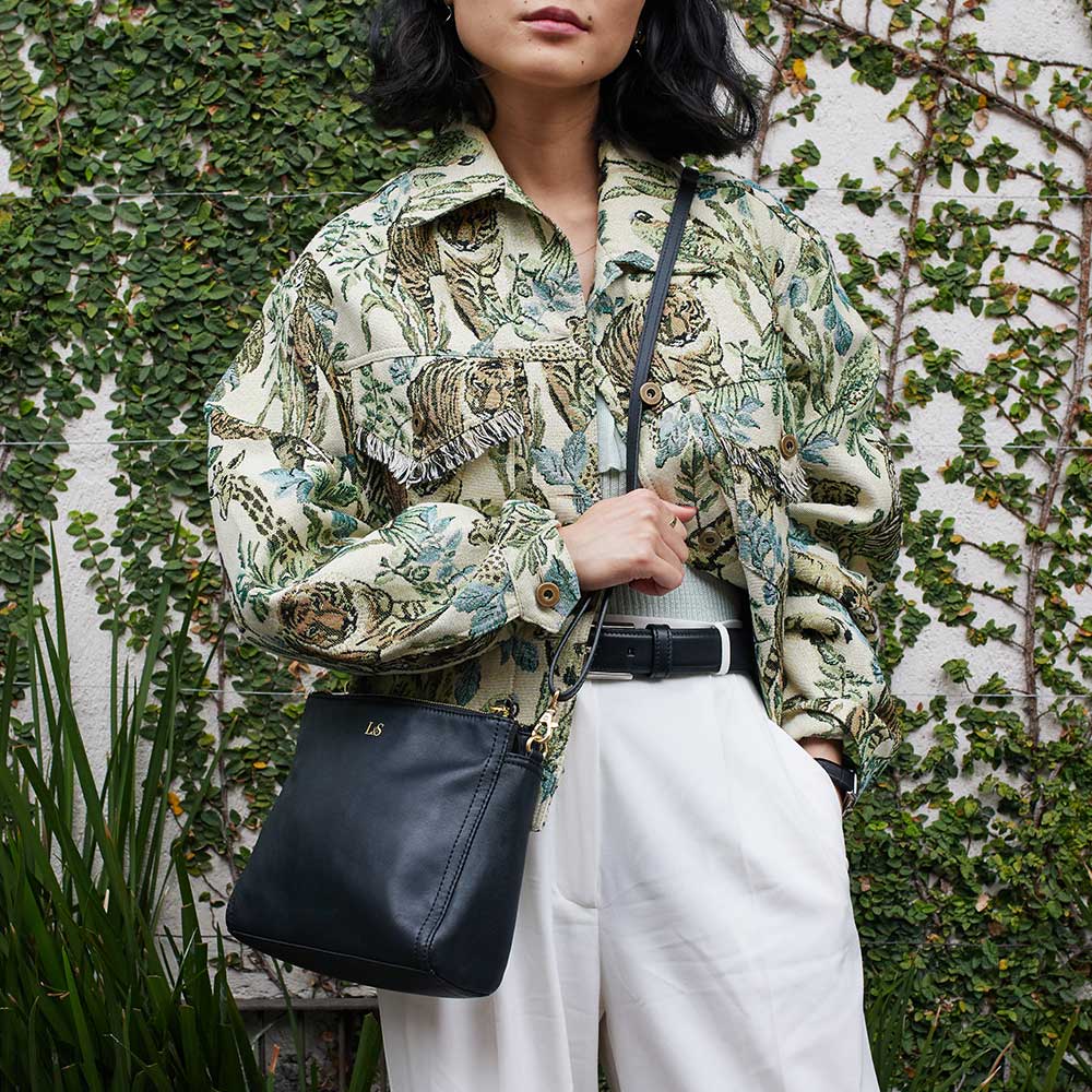 Close up worn crossbody style with jacket - The Pearl - Nappa Leather - Crossbody - Lo & Sons