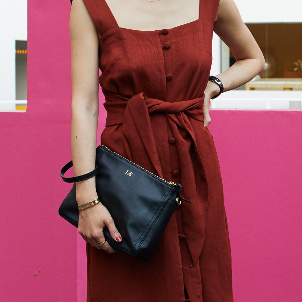 Close up worn wristlet style with a dress - The Pearl - Nappa Leather  - Crossbody - Lo & Sons