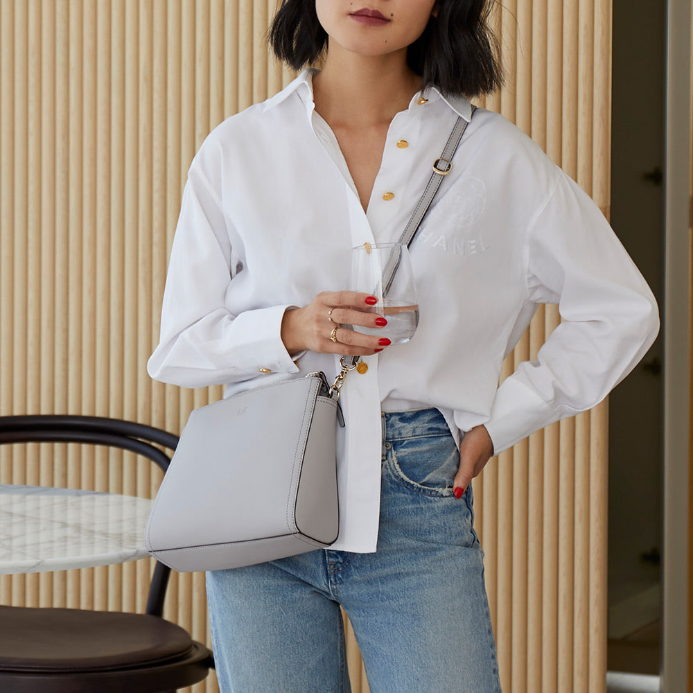 Worn cross body style - The Pearl - Saffiano Leather - Light Grey / Gold / Grey - Crossbody - Lo & Sons